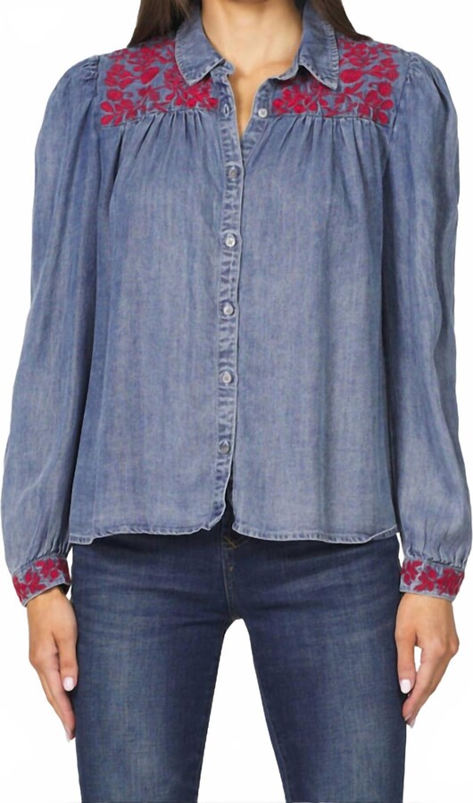 DEAR JOHN DENIM Nasrin Rutched Sleeve Top In Denim Blue