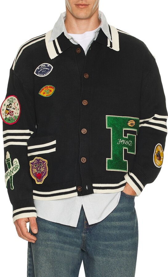 Found Varsity Patch Collared Cardigan in Black
