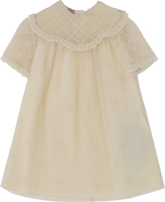 Gucci Children Floral Embroidered Crewneck Tulle Dress