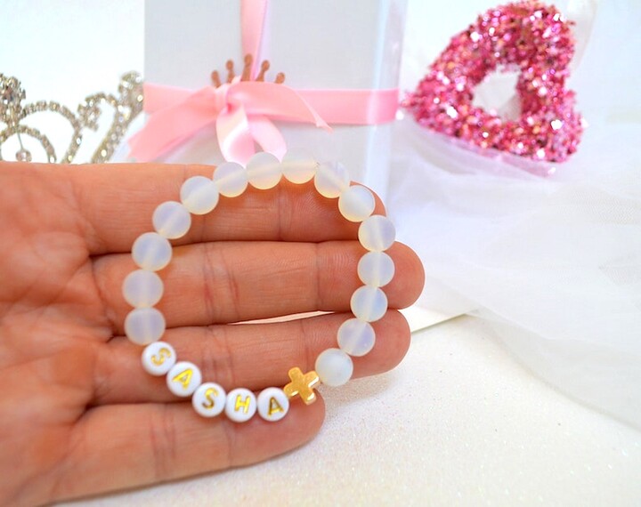 Etsy 18K Gold Cross Sea Opal Girls Bracelet, Personalized Kids Holly Communion, Baptism Gift, Gift For Girls, Jewelry Gift, 8mmgem