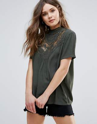 B.young Short Sleeve High Neck Top With Lace Yoke