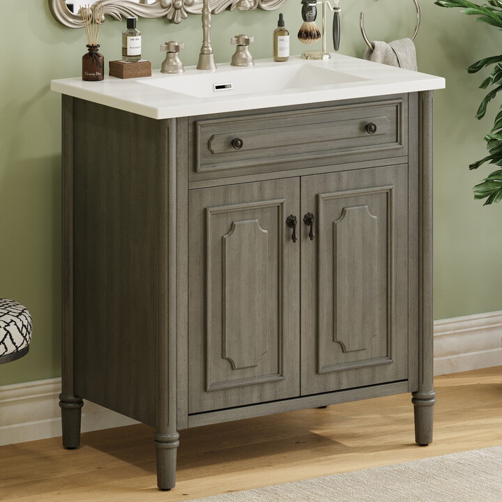 Christopher Knight Home 31" Vintage Bathroom Vanity, Curved Profile MDF Cabinet with Ceramic Sink, Gray
