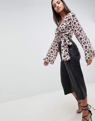 ASOS DESIGN Wrap Blouse With Kimono Sleeve In leopard Print