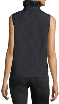 Frame Ruffled-Neck Button-Back Sleeveless Poplin Shirt