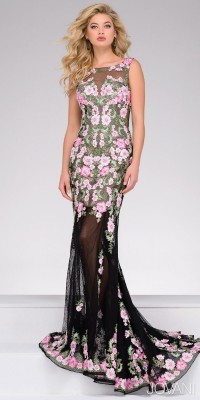 Jovani Sheer Fitted Floral Embroidered Evening Gown