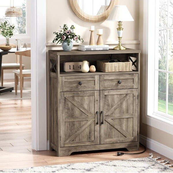 Vabches StorageCabinetwithChargingStationSmallCoffeeBarMicrowaveStandBuffetSideboardRackRusticGrey