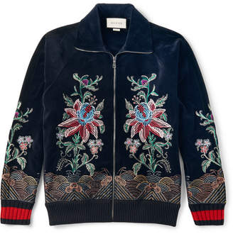 Gucci Slim-Fit Embroidered Cotton-Blend Velvet Zip-Up Sweatshirt