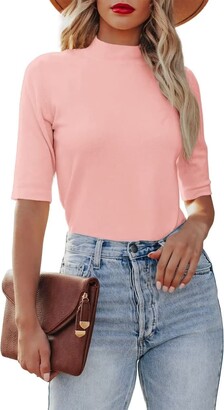 Dressmine Mock Turtleneck Short Sleeve Tops for Women Fitted Stretch T-Shirt  Half Sleeve Pink X-Large - ShopStyle