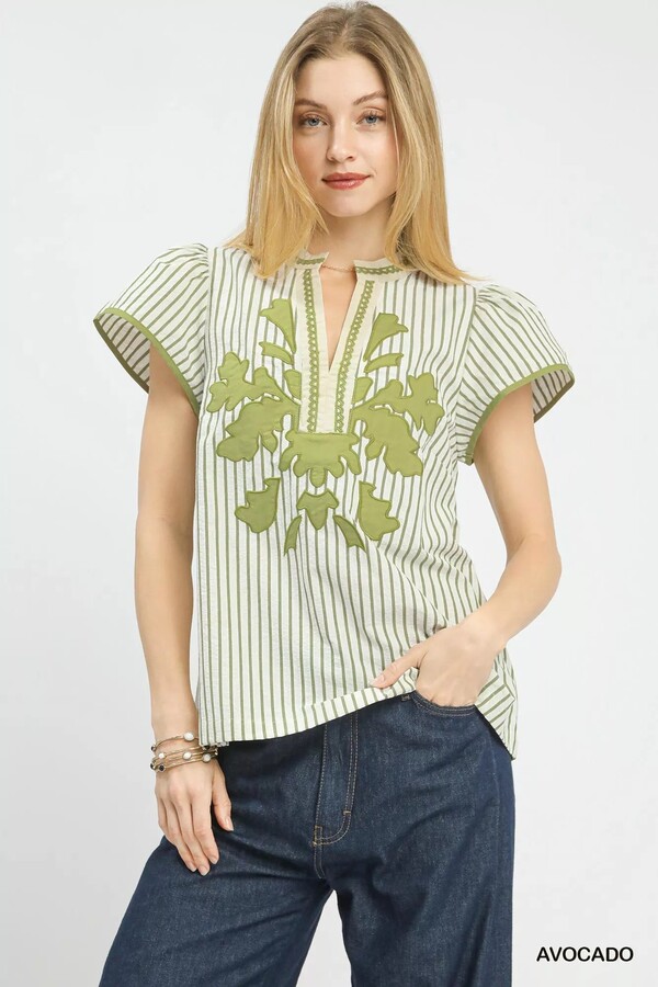TRUEDAMES V-Neck Stripe Top With Lace Trim