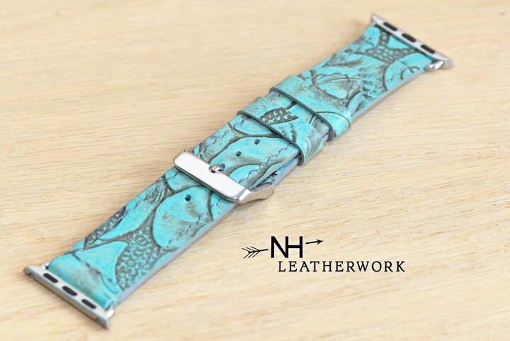 Leather Watch Band Strap, Turquoise & Rose Floral Embossed, For Apple 38mm 40mm 41mm 42mm 44mm 45mm 46mm 49mm, Samsung Galaxy, Ultra 47