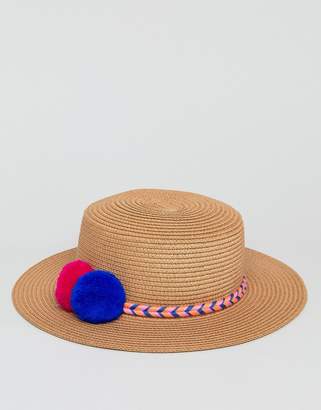 Liquorish Summer Straw Hat With Embroiderd Brait And Pom Pom Detail