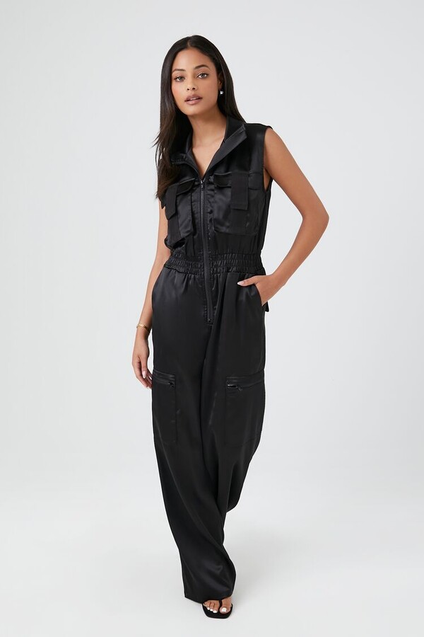 Forever 21 Women's Satin Zip-Up Utility Jumpsuit in Black Small - ShopStyle