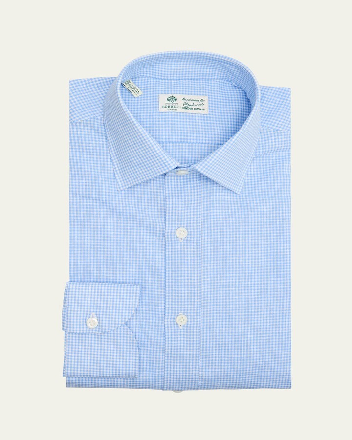 Borrelli Men's Cotton and Linen Mini Check Dress Shirt