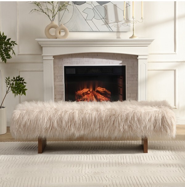 ModernLuxe UpholsteredOttomanBenchSturdyLong-HairedFauxWoolBenchwithSolidRubberWoodLegsBrown