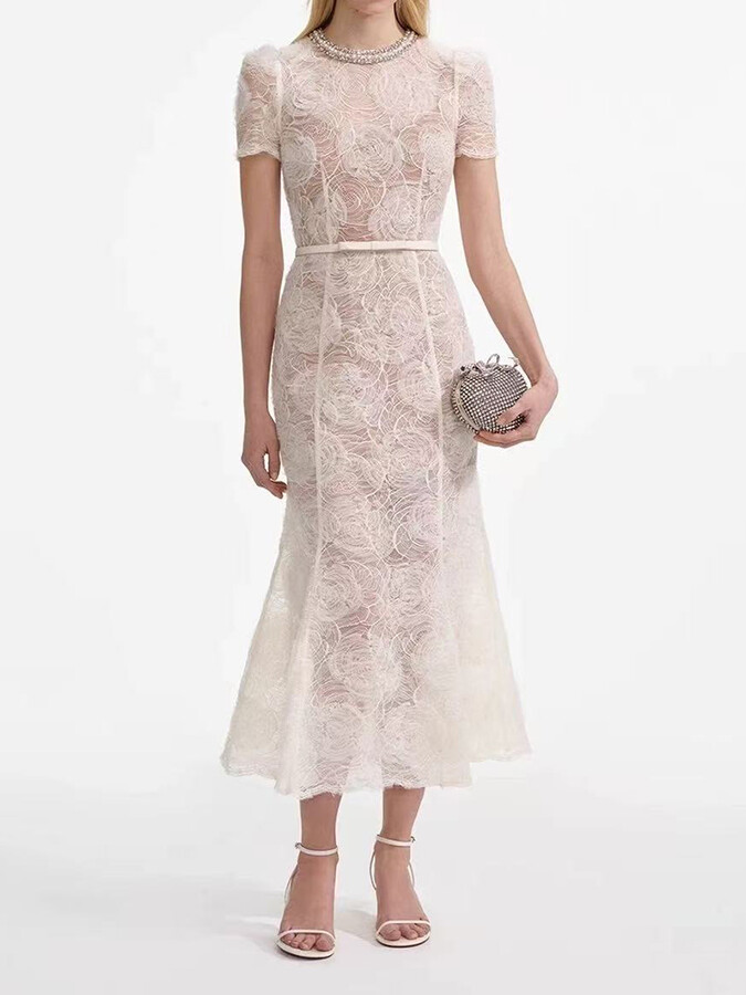 HECISUZ Woman clothing y2k summer heavy beading round neck long tulle lace short sleeve fishtail dress 2025 dress new Party dresses