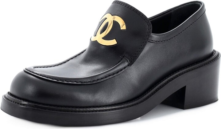 Chanel Dark Green Leather CC Platform Loafers Size 39