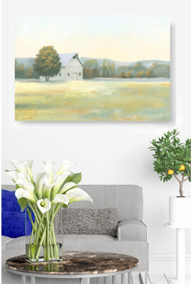 Red Barrel Studio Meadow And Barn, Farm, Farmhouse, Field, Soft, Yellow, Green, Orange