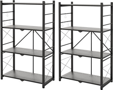 Hokku Designs Foldable Storage Shelf with 5 Hooks 4-tier Collapsible Organization Storage Rack Bookshelf Folding Pantry Shelves Cube Shelf Wire Shelving