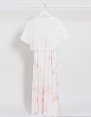 AllSaints benno tie dye t-shirt 2 in 1 slip midi dress in white and pink -  ShopStyle