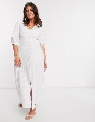 ASOS Curve DESIGN Curve broderie tea maxi dress with puff sleeve in white