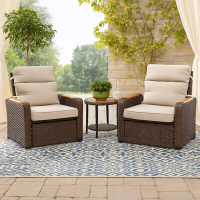 Latitude Run 3-Piece Patio Recliner Set with Cushions and Table, Weather-Resistant Wicker and Eucalyptus Wood Arms