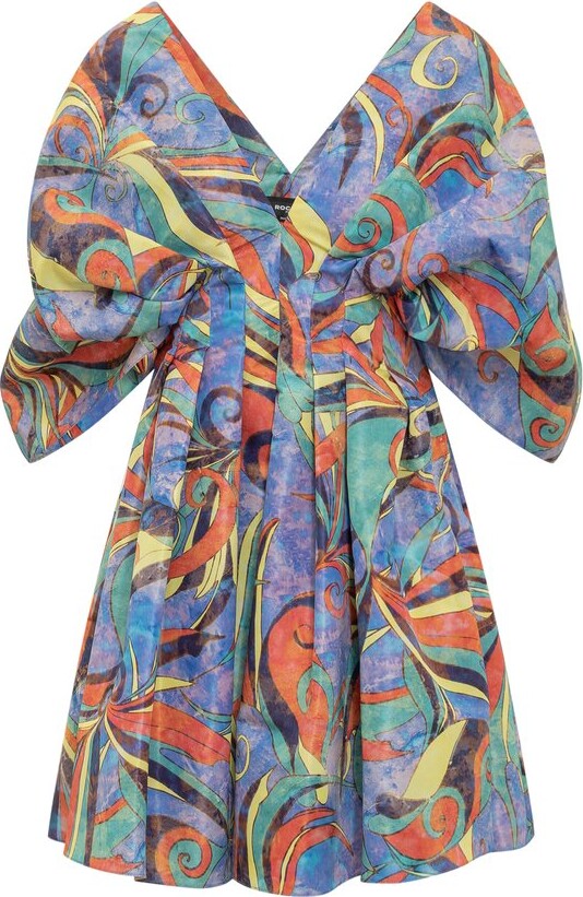 Rochas Pleated Graphic-Printed V-Neck Mini Dress