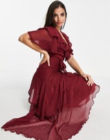 Thumbnail for your product : ASOS DESIGN drape detail midi dress in dobby chiffon with tie detail in burgundy