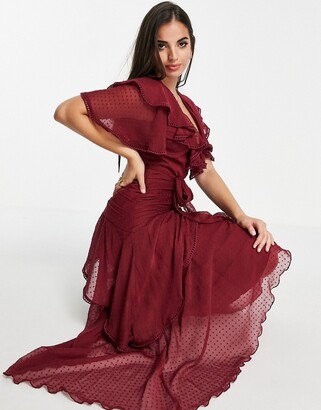 ASOS DESIGN drape detail midi dress in dobby chiffon with tie detail in burgundy