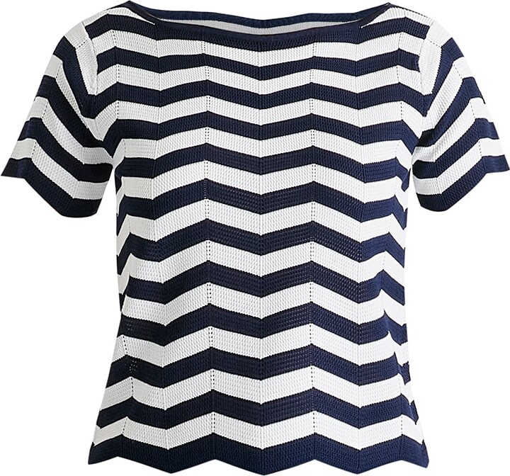 Paisie Boat Neck Knit Top In Zigzag Pattern In Navy And White