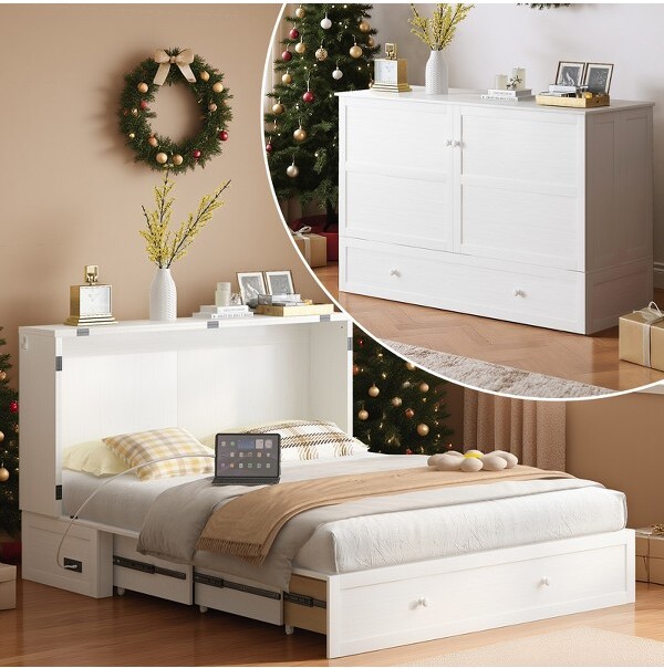 MjkonePineWoodConvertibleCabinetMurphyBedwithChargingStation&ExtraLargeDrawerFoldableBedwithMattressIncluded