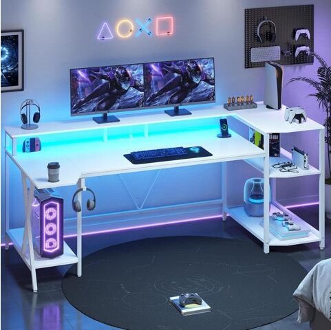 miqpower SEDETA White Gaming Desk 70.8'' with LED Lights and Storage Shelves, Computer Desk with Monitor Stand, Power Outlets and Cup Holder, Large PC Gamer...