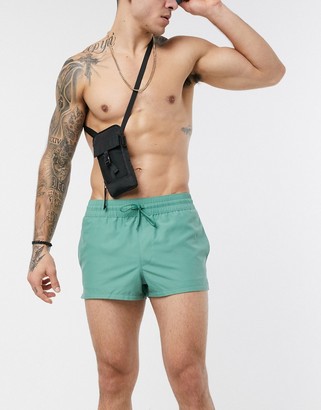 ASOS DESIGN 2 pack swim shorts in green and blue indigo super short length save