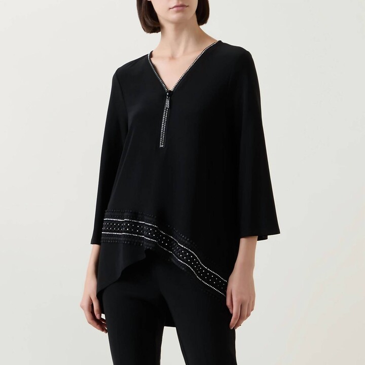 Joseph Ribkoff Embellished Chic Zipper V-Neck Top In Black