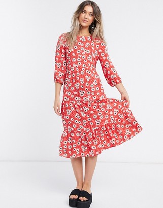 new look split detail midi dress in red floral pattern