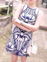 Thumbnail for your product : Choies White Vintage Blue and White Porcelain Pattern Flocking  Dress