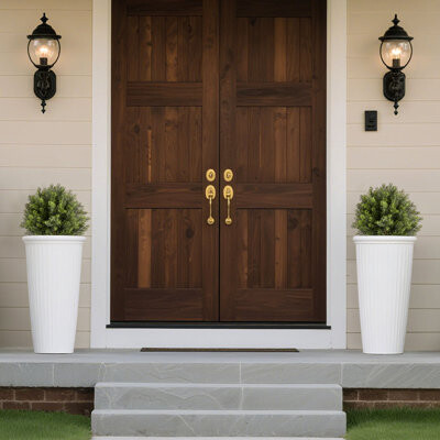 One Allium Way Artificial Topiary Cypress Trees with Ground Spike, 16 inch 2 Set Faux Shrubs & Bushes Potted Plants, Fake Silk Tree Look Real for Decor Front Porch O