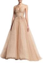 Thumbnail for your product : Monique Lhuillier Strapless Glittered-Dot Ruched-Bodice Tulle Ball Gown