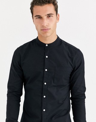 Topman long sleeve oxford shirt with grandad collar in black