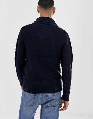 Brave Soul Shawl Neck Cardigan In Cable Knit-Navy