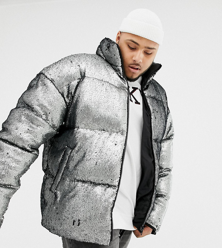 ASOS DESIGN Plus oversized sequin puffer jacket in silver - ShopStyle  Outerwear