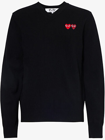 Comme des Garçons PLAY Mens Black Heart-Appliqué V-Neck Wool-Knit Jumper L