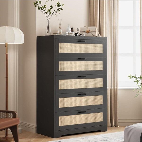 DobleePy 5TierDresserforBedroomFarmhouseChestofDrawerswithPowerOutletStorageTowerwithDrawersforEntrywayLivingRoom(31''x16''x39'')Black