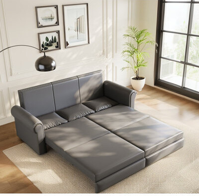 Lark Manor Chesterfield Sofa,93.7" King Pull Out Sofa Bed,3-In-1 Faux Leather Convertible Sleeper Sofa