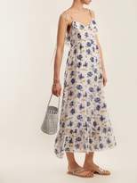 Thumbnail for your product : Athena Procopiou - Floral Print Ruffle Trimmed Silk Maxi Dress - Womens - Blue Multi