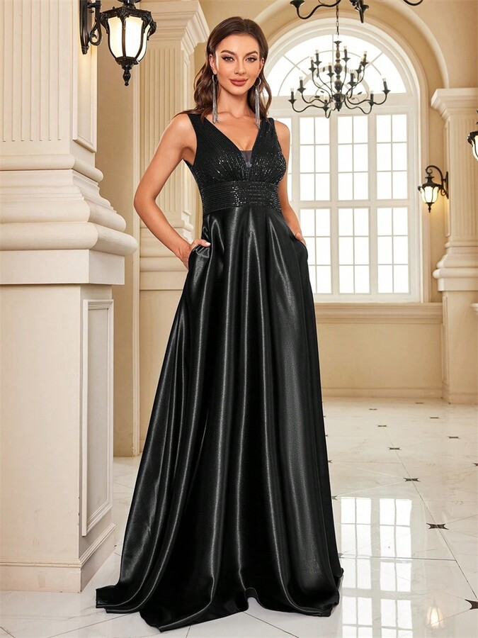 Lucy in love Elegant Sequins Evening Dress For Women 2024 Deep V-neck Satin Prom Party Green Dress Floor Length Blue Formal Gowns