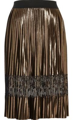 River Island Womens Gold metallic pleated lace midi skirt