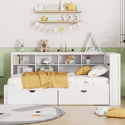 Gracie Oaks Wooden DayBed with 2 Drawers, DayBed with Storage Shelf and USB Charging Ports