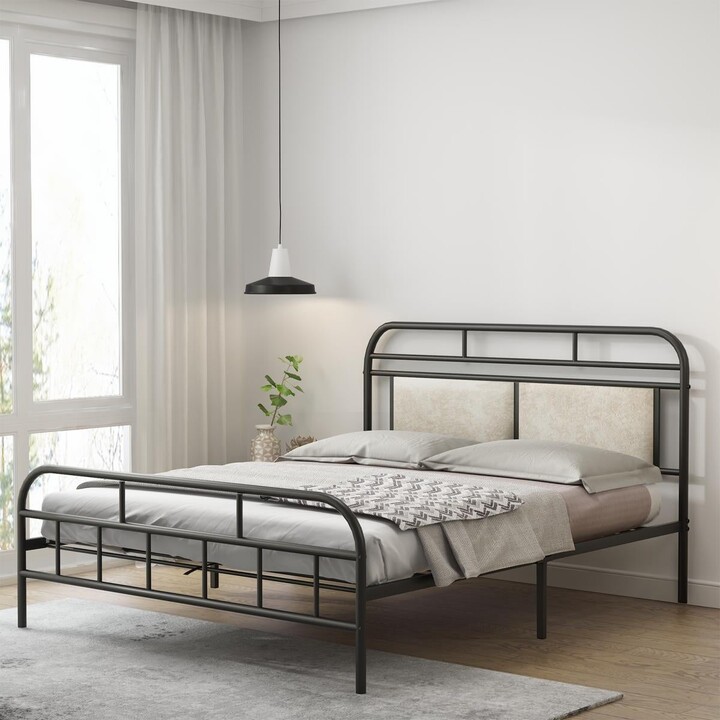 Mieres Black Metal Bed Frame with Upholstered Rounded Corners Headboard