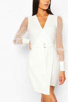 Thumbnail for your product : boohoo Long Sleeve Dobby Organza Belted Blazer Dress