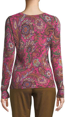 V-Neck Long-Sleeve Paisley-Print Silk-Cashmere Sweater